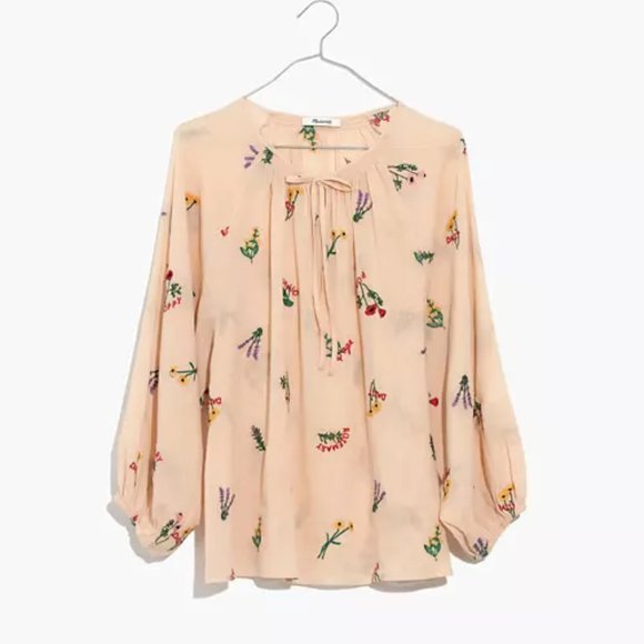 Madewell Tops - Madewell Botanical Embroidered Tie-Neck Peasant Top